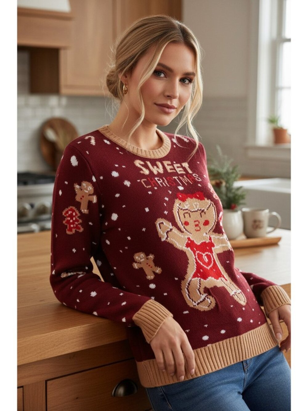 Sweet Christmas Gingerbread Girl Holiday Round Neck Long Sleeve Knit Sweater